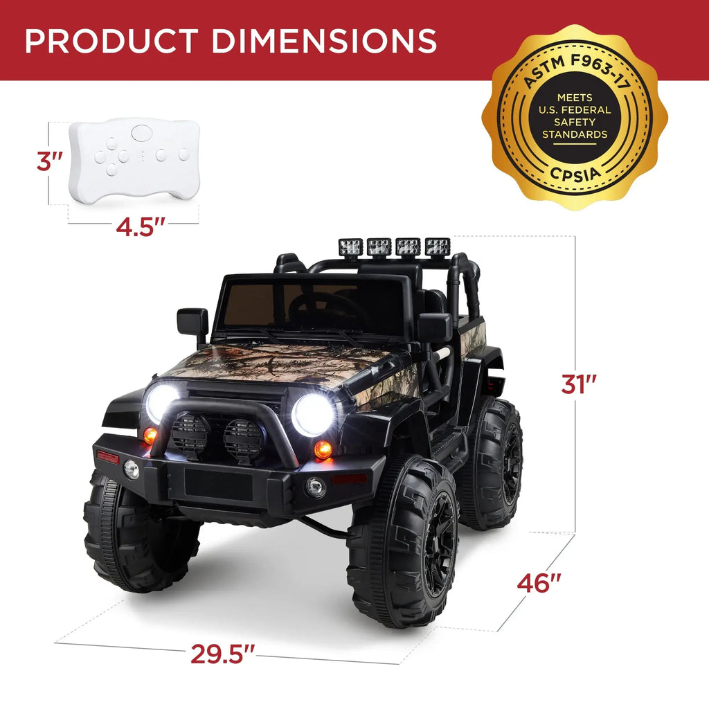 12V Kids Ride-On Truck Car Toy W/ 3 Speeds, LED, Remote, Bluetooth