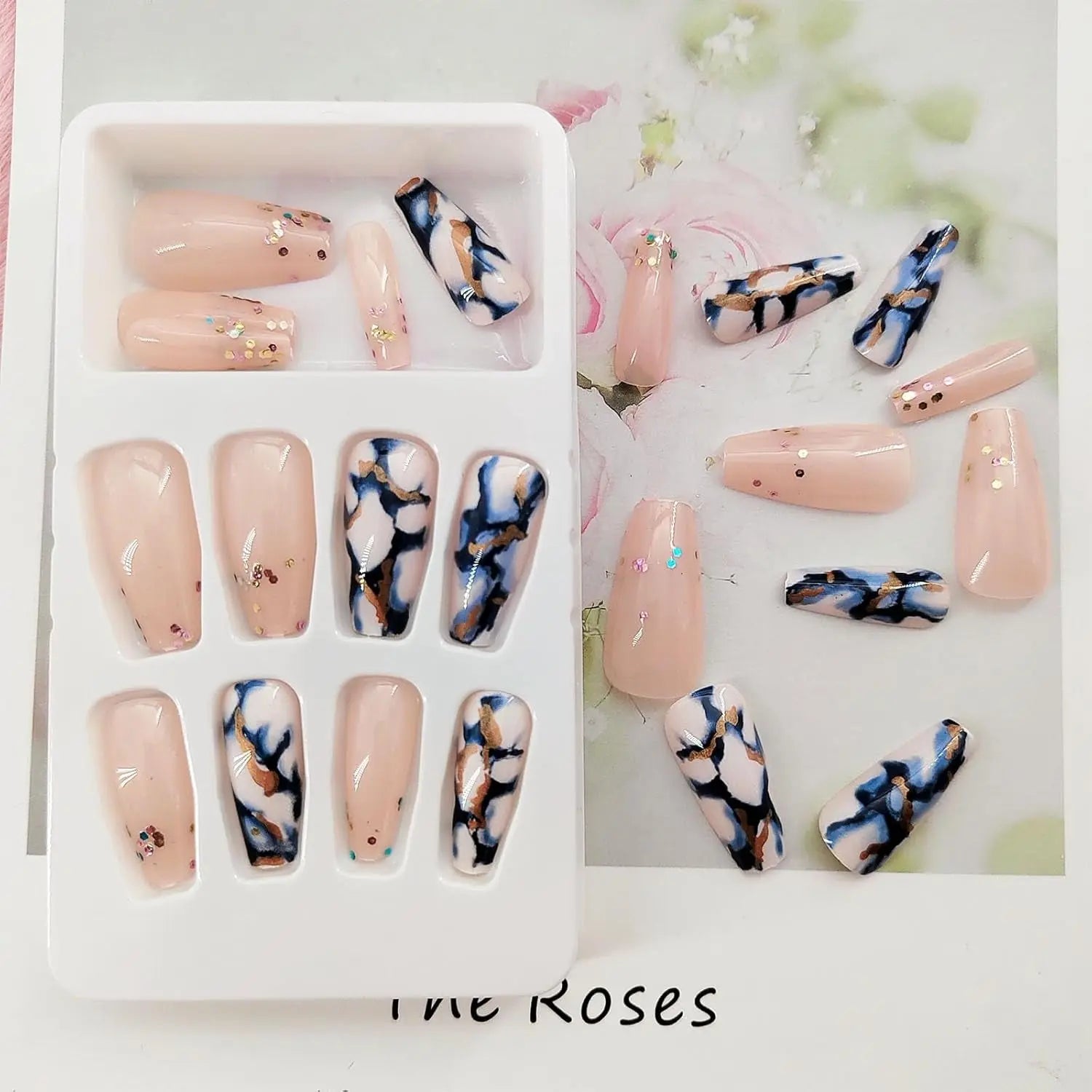 Coffin Press on Nails Medium Length Fake Nails Artificial False Nails with Blue Marble & Sequins Designs Glossy Acrylic Nails Nude Full Cover Glue on Nails for Women 24 Pcs