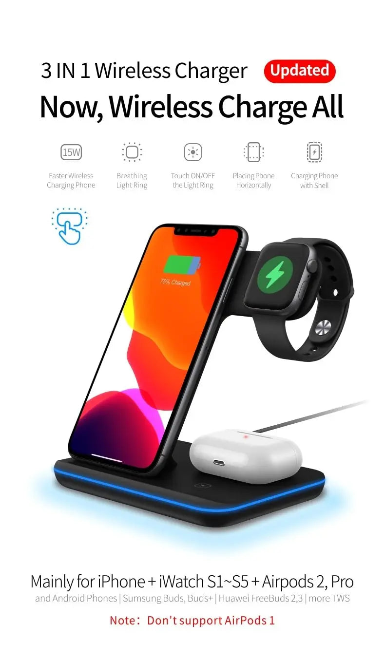 Ninja 15W 3 in 1 Fast Wireless Charging Station for Mobile Phones - King's creation Ninja 15W 3 in 1 Fast Wireless Charging Station for Mobile Phones